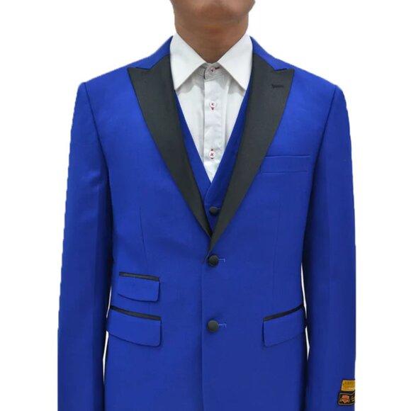 Modern Royal Blue One Button Dinner Prom Suit for Men with Jacquard Peaked Lapel